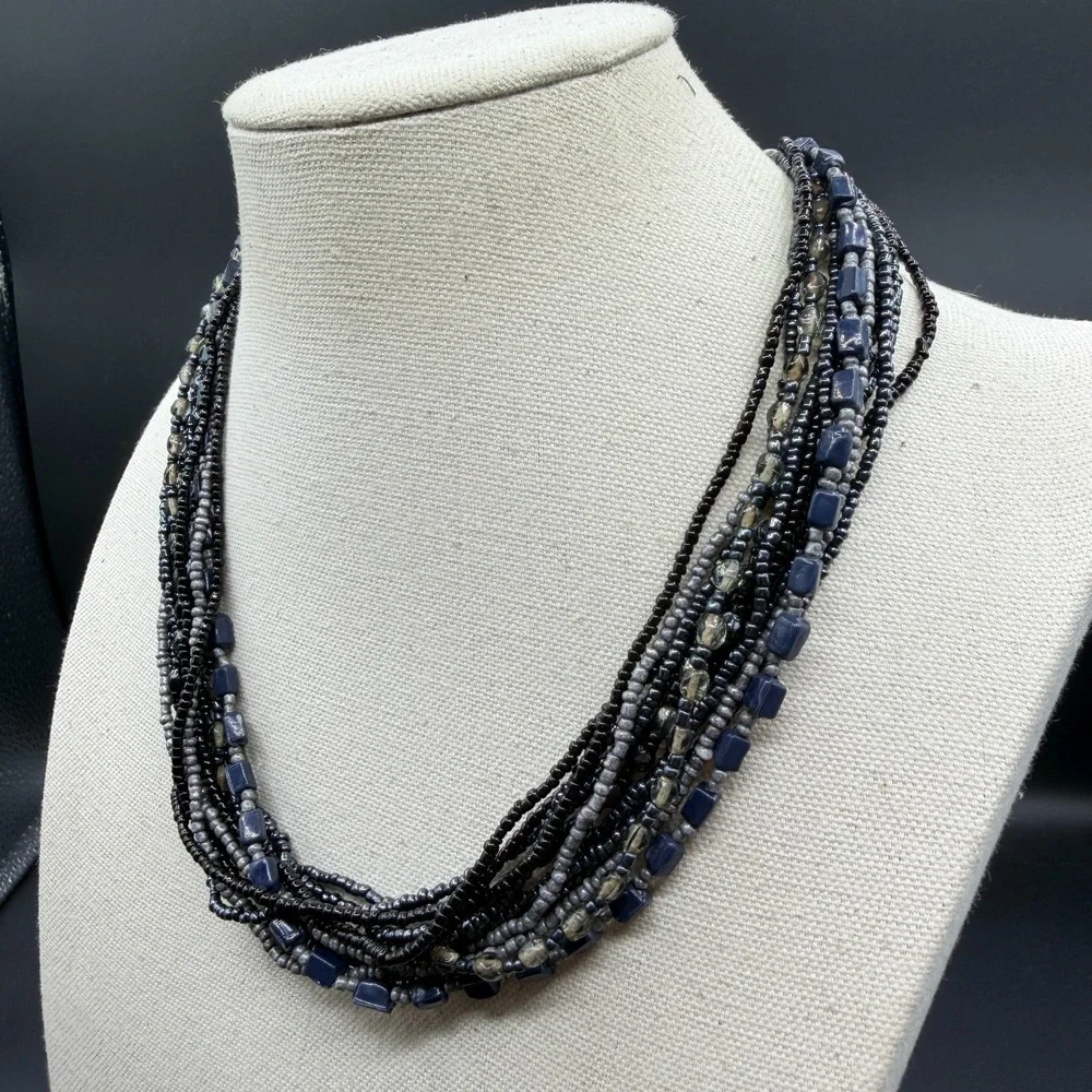 Multi Strand Black Gray Blue Beaded Statement Necklace Layered Boho AdjustableMu